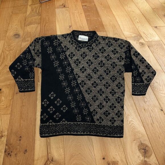 Vintage Trimmings Acrylic Black Gold Metallic Christmas Sweater - Picture 1 of 8